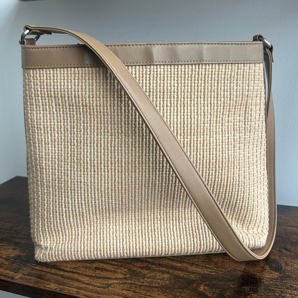 Fossil Woven Straw Leather Shoulder Bag Tan Summer Coastal